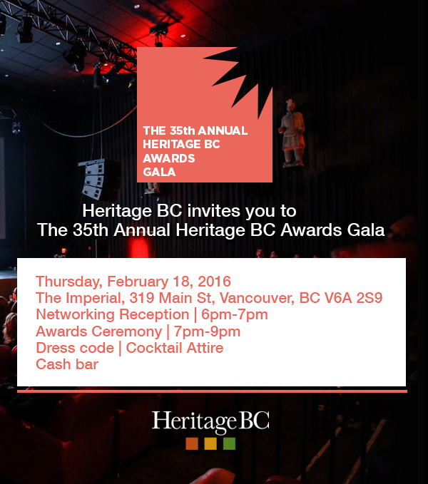 Heritage BC Awards 2016 Taking Place Feb 18