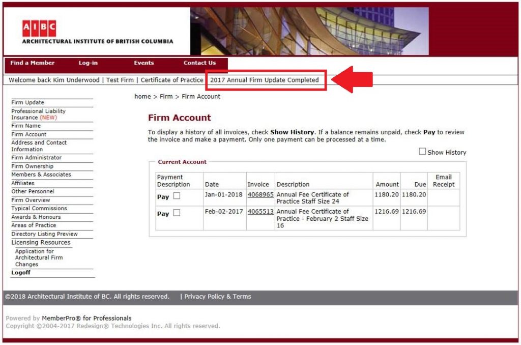 Firm Information Update_Complete Screenshot